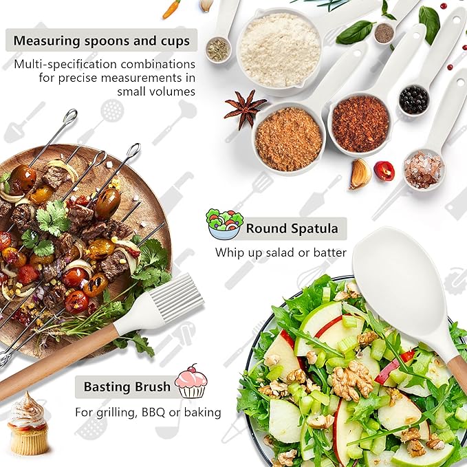 HaWare Kitchen Cooking Utensils Set, 23-Piece Silicone Kitchen Utensils Spatula Set with Holder, Heat Resistant Wooden Handle Kitchen Gadget for Nonstick Cookware, Food-grade Turner Spoon Sets (White)