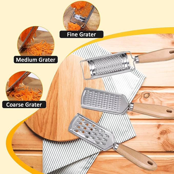 Handheld Cheese Graters with Cleaning Brush Stainless Steel Vegetable Grater with Wood Handle Multifunctional Kitchen Food Shredder for Chocolate Butter Nuts Ginger (Wooden Handle) By beardo decor
