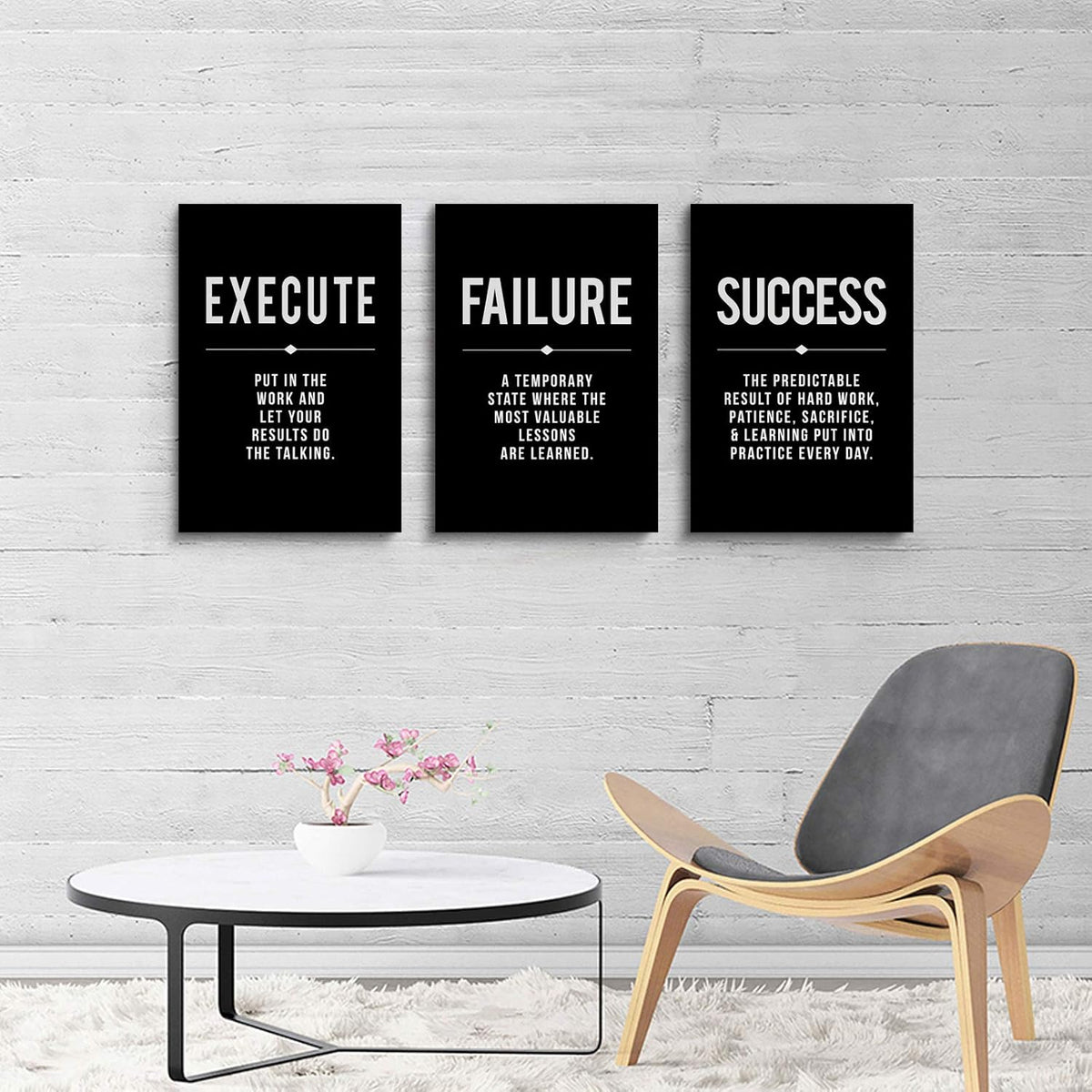 Framed Canvas Wall Art Success Quote, Office Wall Art, Black Large Poster, Positive Motivational Set of 3 Prints, Execute Failure Definition, Inspirational Print (A-3pcs,16x24inchx3pcs)