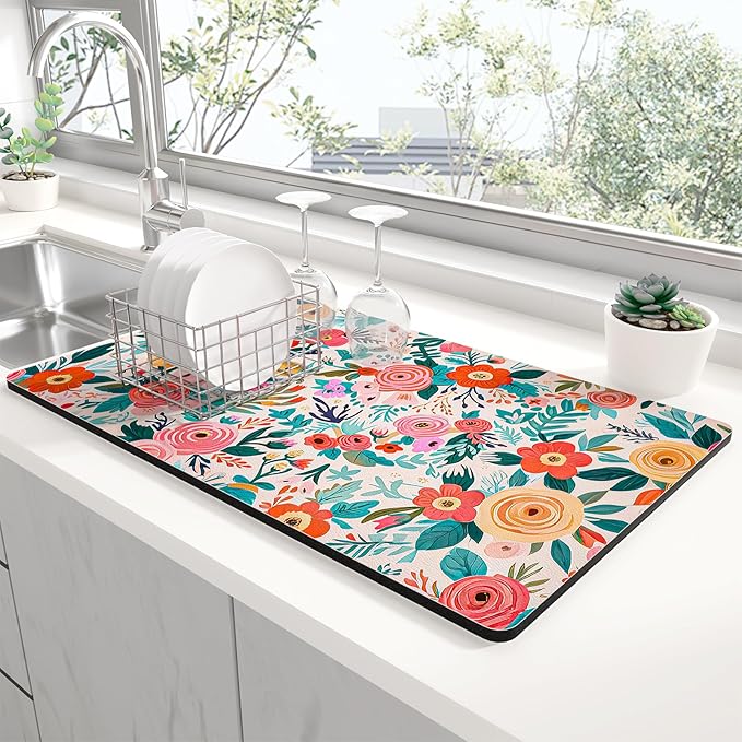 Rnivvi Dish Drying Mat for Kitchen Counter, XL 15 x 24" Cute Flower Super Absorbent Draining Pad, Non-Slip Heat Resistant Coffee Bar Mats for Coffee Machine Station Accessories, Colorful Dish Rack Pad