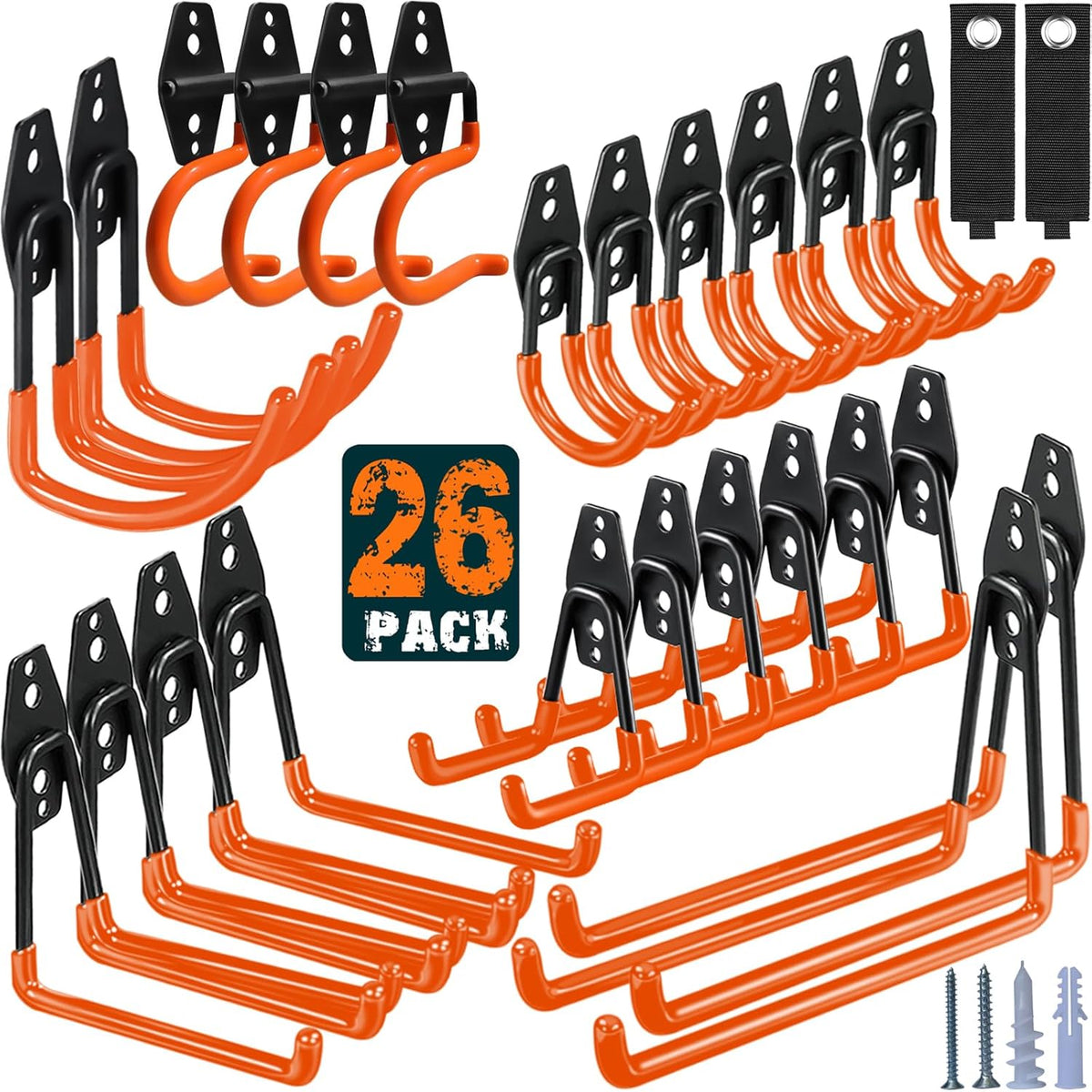 26 Pack Garage Hooks Heavy Duty Utility Steel with Anti-Slip Coating Wall Mount Storage Organizer for Hanging Power and Garden Tools, Ladders, Hose, Bikes, Ropes, Bulk Items, and More