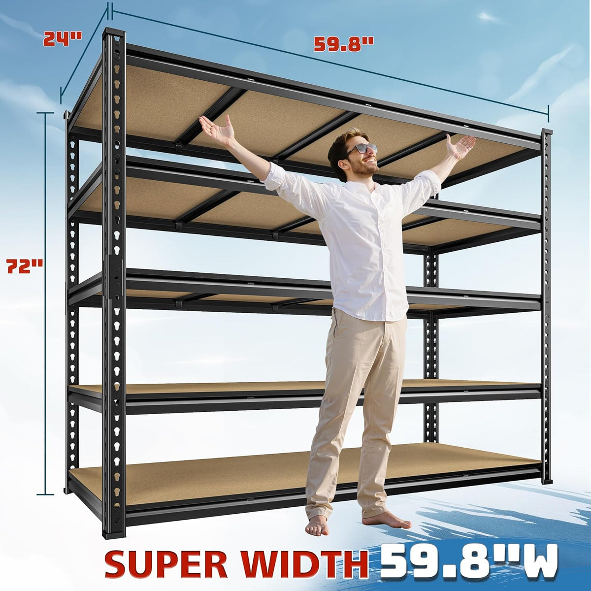 59.8" W Garage Shelving 72" H Storage Shelves 2750LBS Metal Shelving Heavy Duty Garage Shelves Adjustable Metal Shelf for Basement Warehouse Pantry 59.8" W x 24" D x 72" H