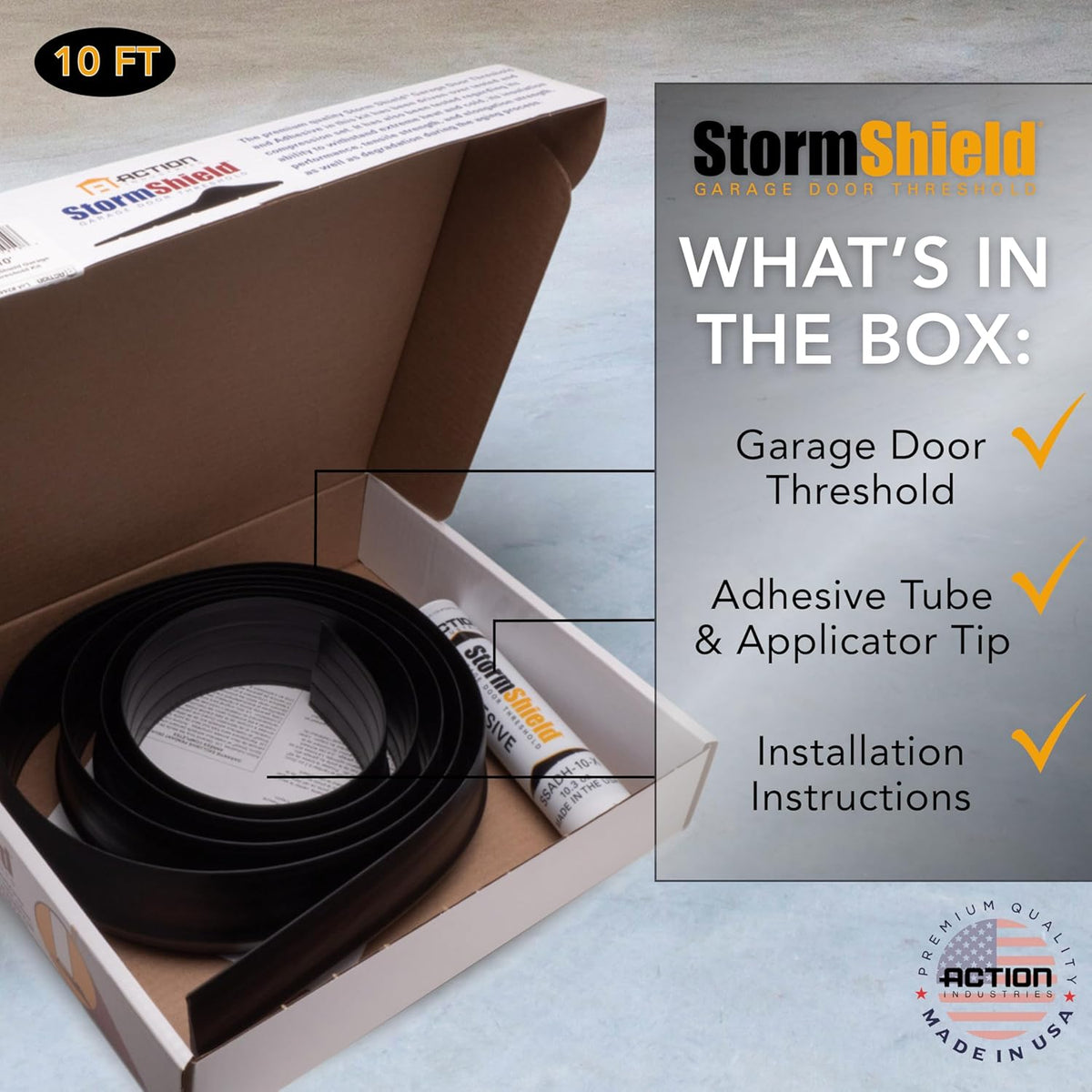 Storm Shield® 10’ Garage Door Seal Threshold Strip - Durable PVC Rubber Seal Strip - Flame Resistant, Weatherproofing Garage Door Installation - Epoxy Adhesive - Made in The USA