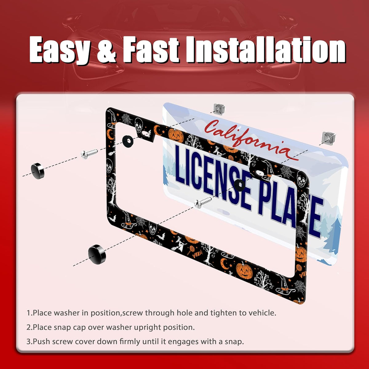 Pumpkin Witch Gothic License Plate Frame Bat Spider Web License Plate Holder Funny Personalise Car Stainless Stee Decorative Parts for Standard Us Canada Vehicles 12x6 Inch for Women Men