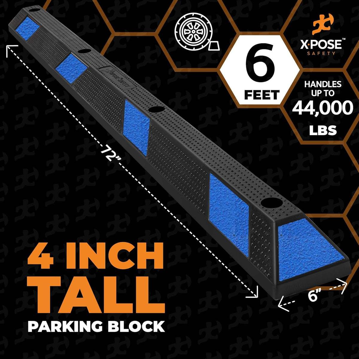 Xpose Safety 72" Heavy Duty Rubber Parking Stopper – 6 Pack Wheel Blocks for Garage, Driveway, or Ramp – Car Bumper Stop with Blue Reflective Strips – Removable Floor Mount