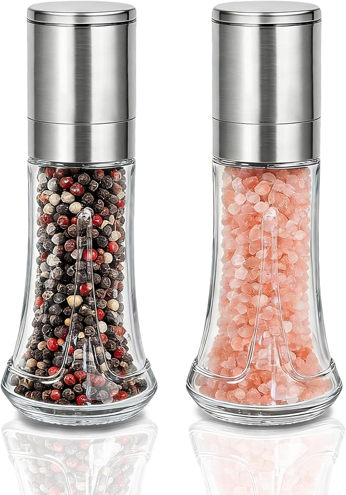 Aelga Salt and Pepper Grinder Set - 4oz Glass Manual Pepper Mill with 5-Level Adjustable Coarseness, Refillable Salt Grinder for Kitchen, Modern Kitchen Gift Set with Silicone Funnel