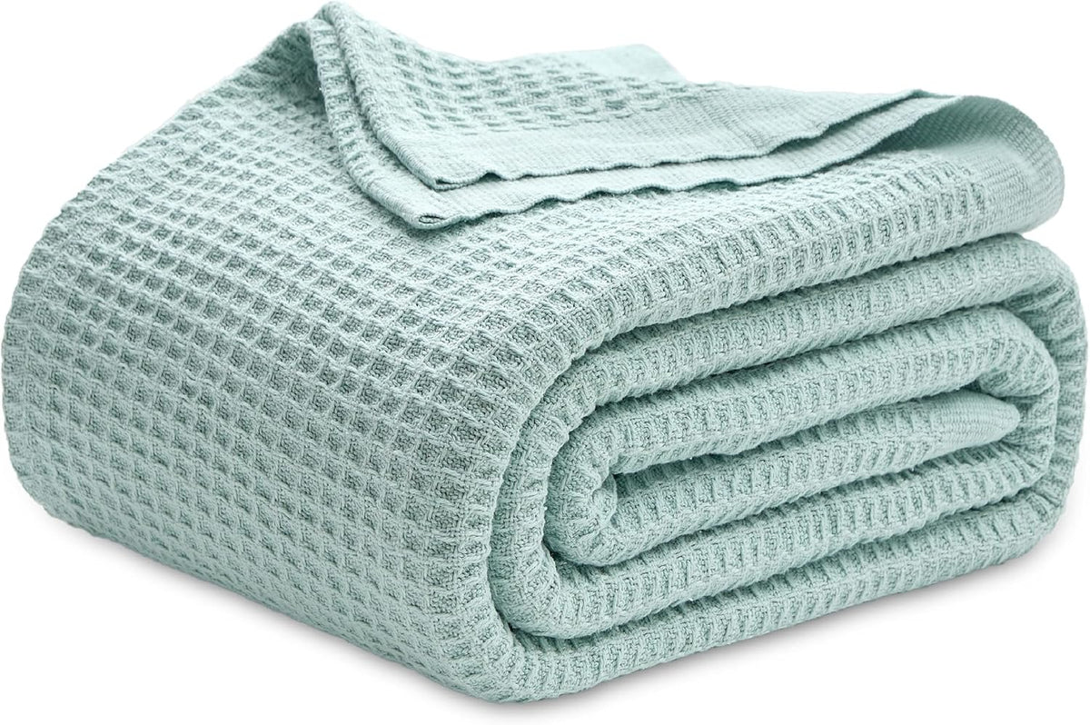 Bedsure 100% Cotton Blanket Queen Size for Bed - Breathable and Soft, Waffle Weave Blanket for Summer, Thick Cozy Fall Blankets for Women Gift, Mint, 90x90 Inches