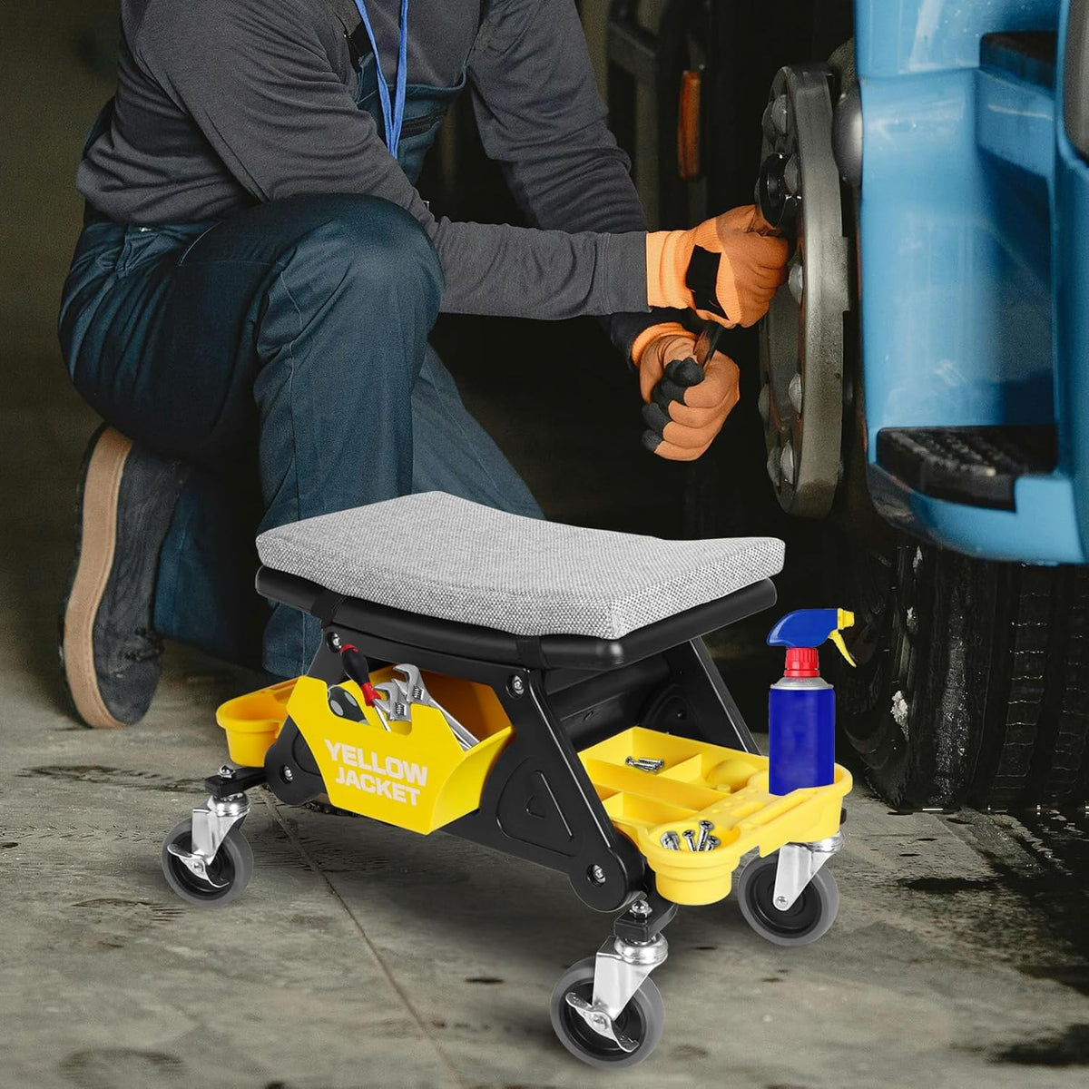 YELLOW JACKET Mechanic Stool with Wheels Rolling Stool Chair 300 lbs Capacity,Garage Mechanics Seat with Two Tool Tray and A Drawer Workshop Creeper Seat for Auto Repair Work