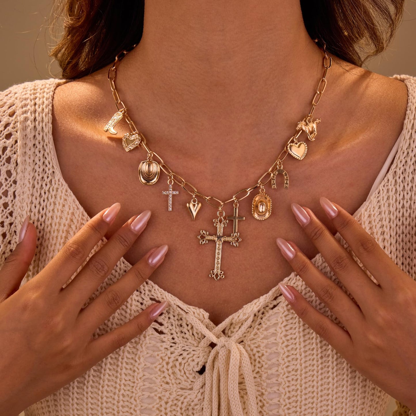 YUJIE Western Cowgirl Charm Necklace for Women Gold Plated Chunky Chain Cowboy Boot Cross Pendant Necklaces for Country Fashion Western Lovers