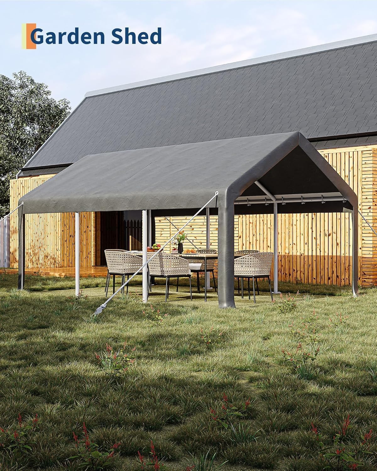 12 x 20ft Heavy-Duty Carport Canopy with Roll-Up Windows & DoorsThickened Wind Ropes, Ground Nails, Portable Car Tent Garage for Cars, Trucks, Boats, 180G Durable Tarp Cover,Grey