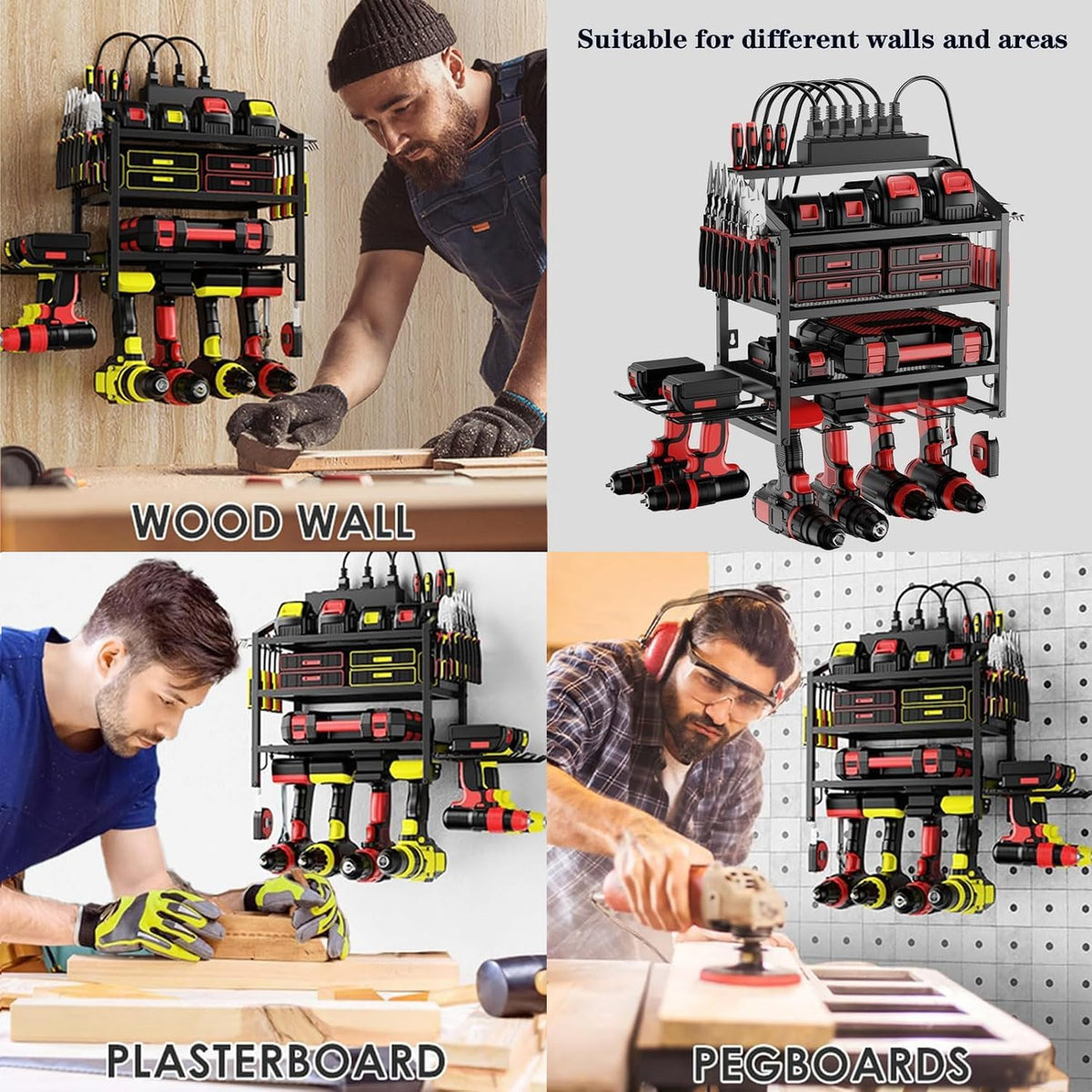 Power Tool Organizer Wall Mount with Charging Station, 4 Layer Storage Rack and Tool Holder for Garage Organization, 6 Drill Holder Wall Mount, 4 Hooks and 6 Outlet Power Strip, Great Men's Gift