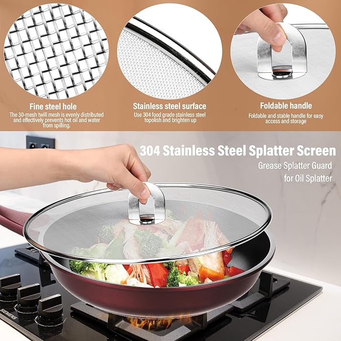 3 Pack Splatter Screen for Frying Pan 13" 11.5" 9.8" Stainless Steel Grease Splatter Guard Ultra Fine Mesh Lids with Fold Flat Knob Set for Prevent Oil Splatter