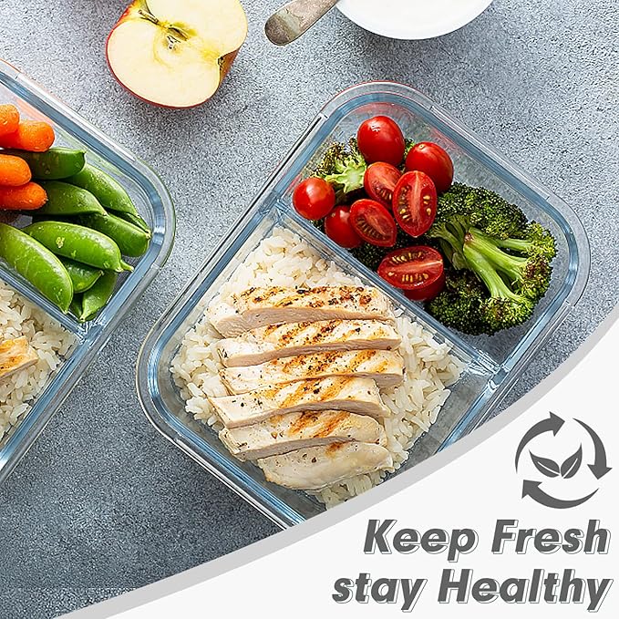 VERONES 10 Pack Glass Meal Prep Containers 2 Compartment Set, 30 OZ Airtight Glass Lunch Containers, Food Storage Containers with Lids, for Microwave, Oven, Freezer & Dishwasher Friendly，White
