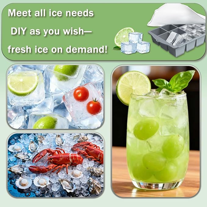 Ice Cube Trays for Freezer, 2 Pack Easy Release Slicone Ice Cube Tray with Lid, BPA Free Stackable Flexible Ice Molds 15 Square Reusable Ice Cubes for Whiskey, Baby Food, Iced Coffee (Grey)