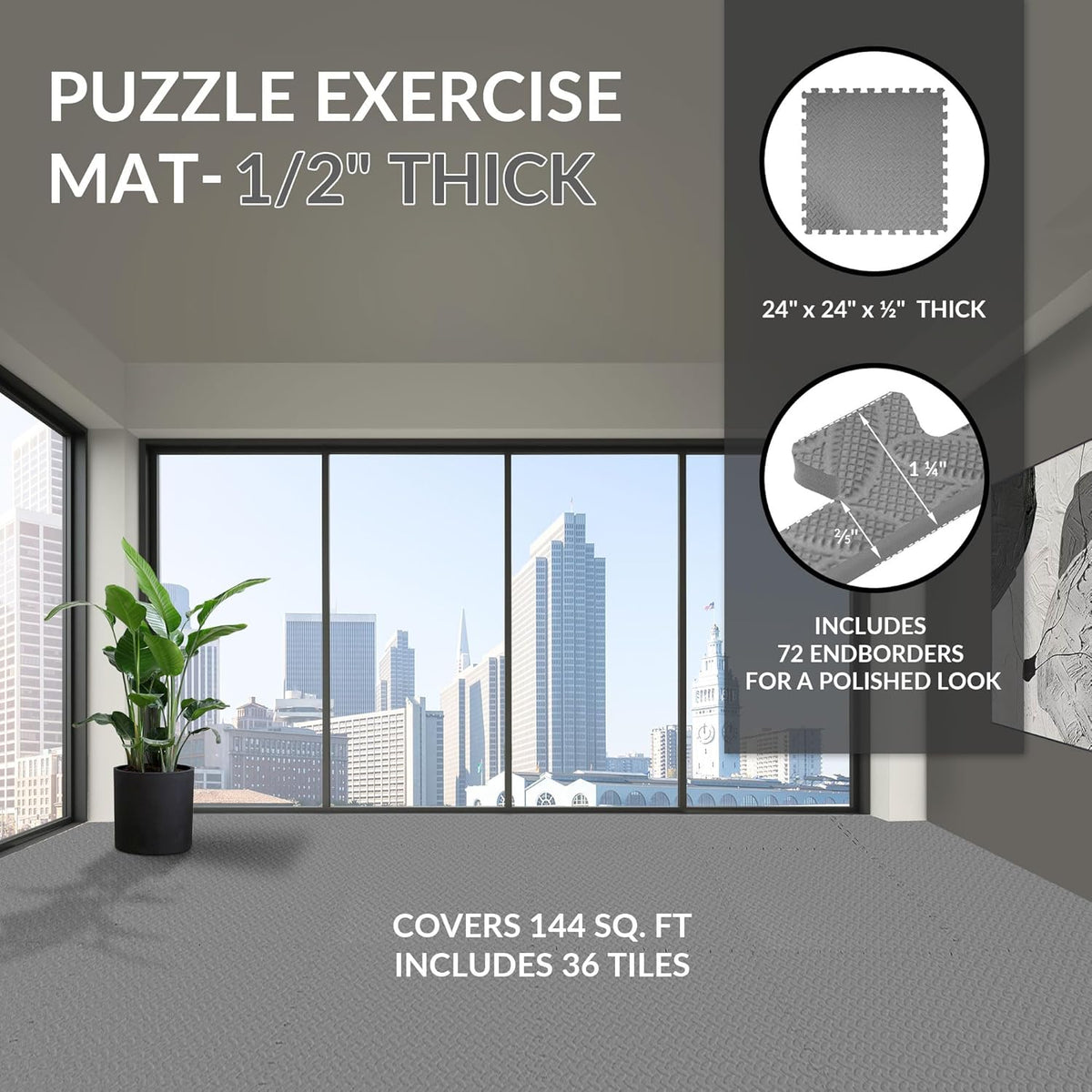 Puzzle Exercise Gym Flooring Mat, 1/2" Thick High-Density EVA Interlocking Tiles Workout Mat for Home Gym, Fitness Equipment, MMA, Gymnastics, 36-Piece Shock-Absorbing Exercise Mat (144 Sq Ft)