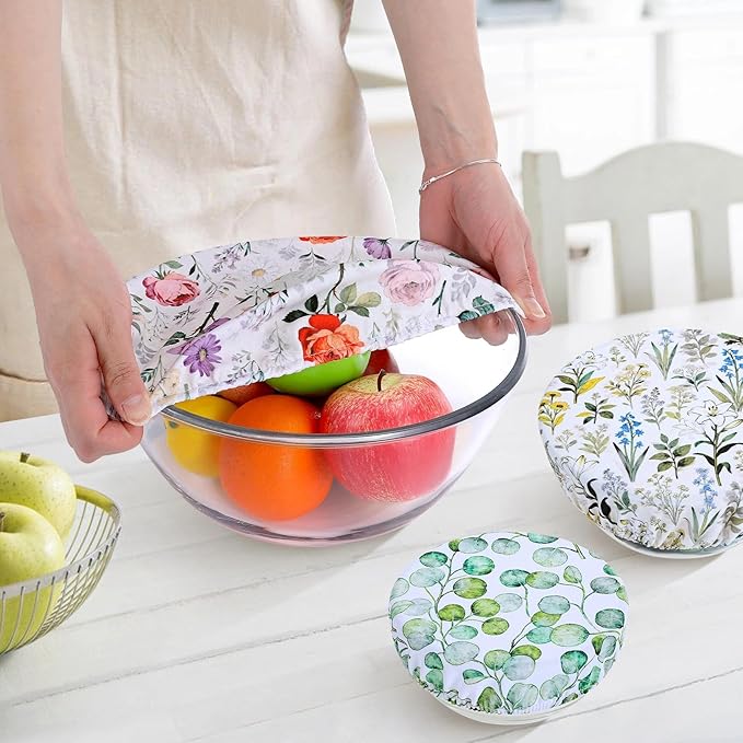5 Pieces Bowl Covers Reusable, 5 Size Elastic Cloth Bowl Covers for Bread Proofing Stretch Food Covers Washable for Food Fruits Leftover (Rosa Chinensis)