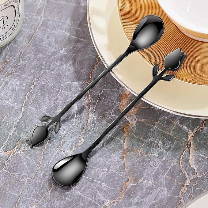 Black Tulip/Rose Handle 12-Pcs Mini Coffee Spoons Set - 6" Stainless Steel for Espresso, Tea, Dessert - Ideal for Demitasse & Small Servings