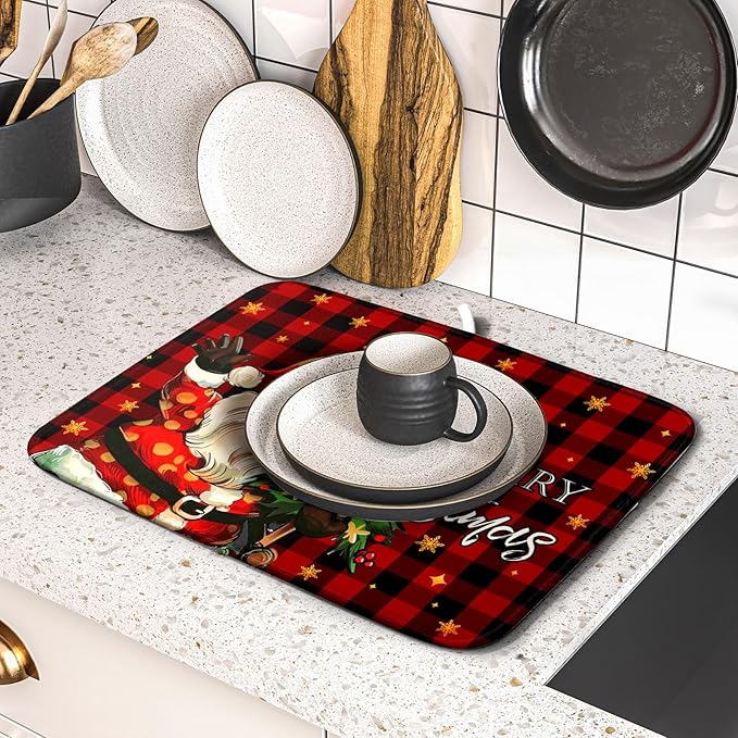 Merry Christmas Santa Claus Red Buffalo Plaid Dish Drying Mat for Kitchen Counter,Winter Snowflake Xmas Tree Drying Mat 16 x 18 Inch with Absorbent Reversible Microfiber Dish Drying Pad for Coffee Bar