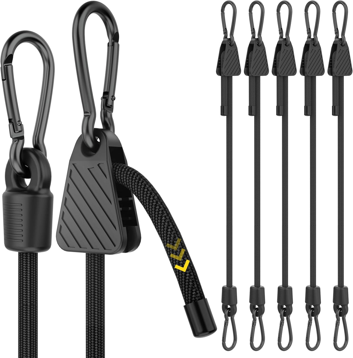 Adjustable Bungee Cords with Hooks, 6 Pack Heavy Duty Outdoor Carabiner Bungee Cord, Black Super Elastic Bungee Straps Easily Adjust from 7" to 80", Great for Cargo, Camping, Bike Racks, Tents