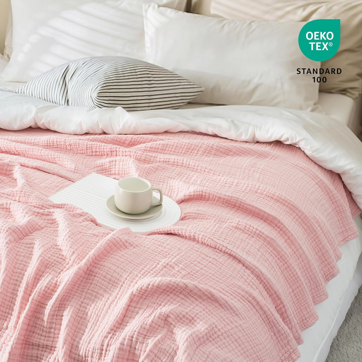 Carriediosa 100% Cotton Muslin Throw Blanket 66" X 90" Twin XL Size，4-Layers Summer Gauze Throws for Bed Couch，Soft Lightweight Breathable Linen Blankets Bedspread for Adults All Season，Dusty Pink