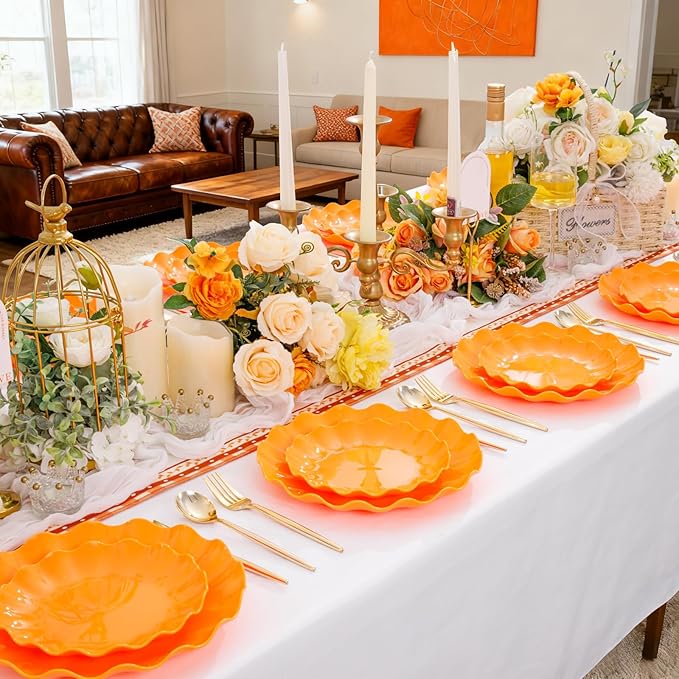 LIYH 50 Pcs Heavy Duty Thanksgiving Plates Orange Scalloped Plastic Plates Reusable Unbreakable Halloween Plastic Plate for Thanksgiving & Halloween Day, Dishwasher Safe BPA Free (25Guests)