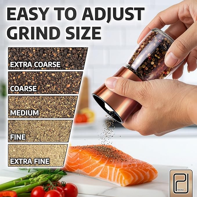 Premium Salt and Pepper Grinder Set with Bamboo Holder - 6 oz, Copper Stainless Steel - S&P Spice Shakers - Refillable & Adjustable Coarseness Hand Mill for Spices & Seasonings - by PJC-Kitchen