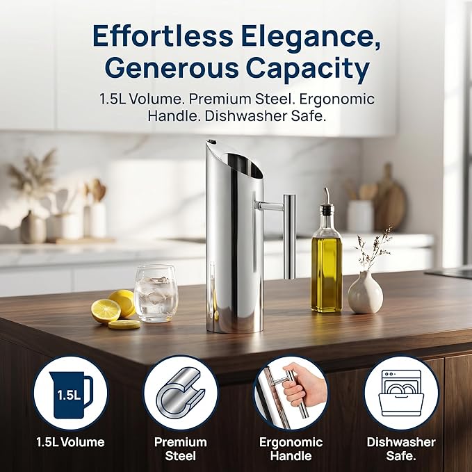 Hiceeden Stainless Steel Water Pitcher, 51oz/1.5L Modern Metal Pitcher with Ice Guard, Silver Carafe Drink Pitcher with Handle, Beverage Container for Iced/Hot Tea, Juice, Coffee, Milk