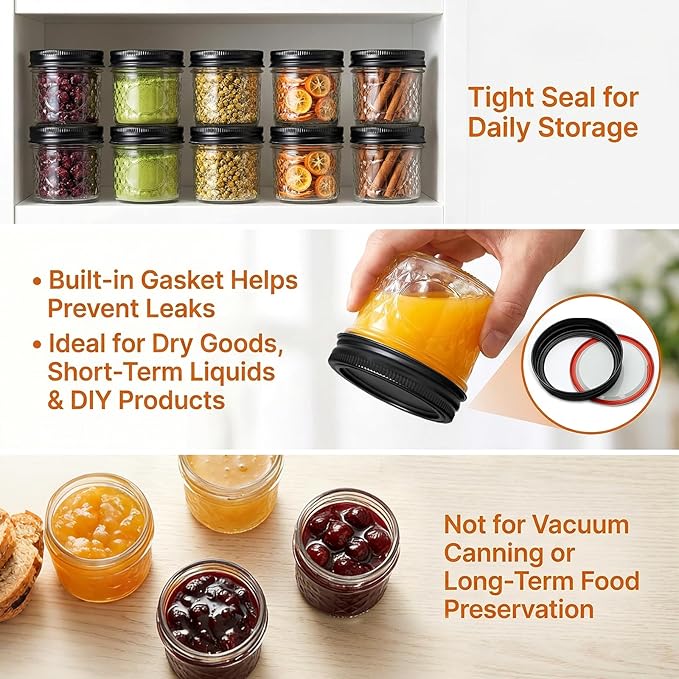 4oz Clear Glass Mini Mason Jars, 40 Pack Small Clear Canning Jars with Black Separable Lids and Diamond appearance for Spice, Honey, Jam, Caviar, Candle Making, Wedding Favors & Kitchen Storage