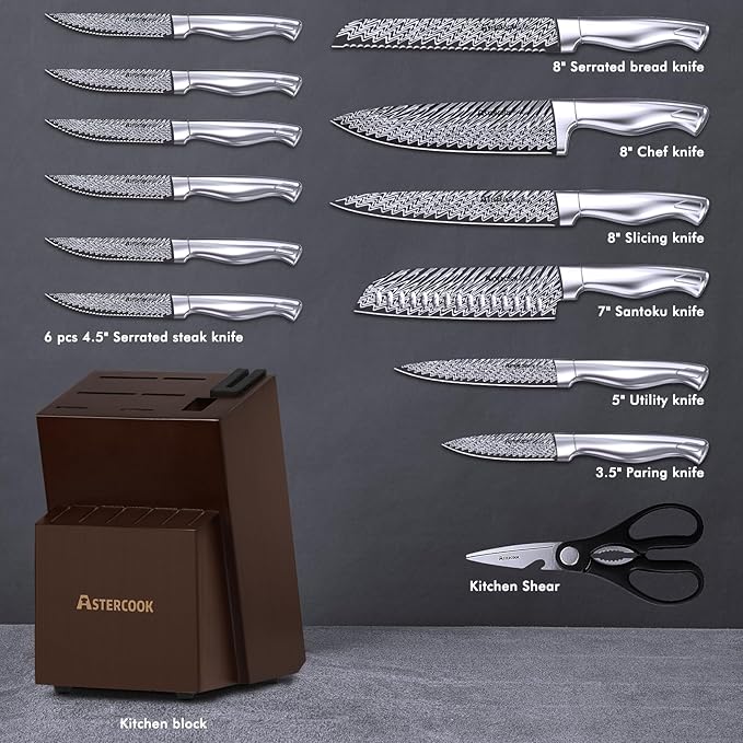 Knife Set, Astercook 15 Pieces Kitchen Knife Set with Built-in Sharpener, German Stainless Steel Knife Block Set, Razor-Sharp Knives with Full-tang Handle, Dishwasher Safe, Mothers Day Gifts