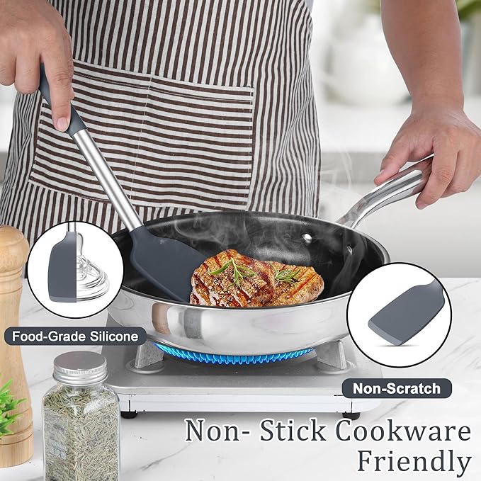 TeamFar Silicone Cooking Utensils Set, 5 PCS Heat-Proof Kitchen Utensils with Stainless Steel Handle, Turner/Spoon/Pasta Server for Nonstick Cookware Frying Flipping Draining, Light Grey