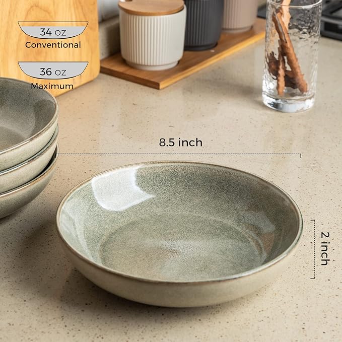 AmorArc 8.5'' Large Pasta Bowls, 36oz Stoneware Wide Serving Bowls Set of 4 for Kitchen for Salad,Fruit,Oatmeal, Microwave Safe, Reactive Glaze