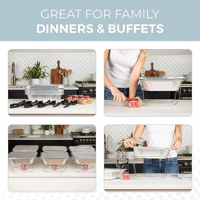 Alpha Living 6 Pack - Disposable Chafing Dish Buffet Set, Half Size Pans, Welded Body Food Warmers for Parties, Fuel Cans Complete Set, Warming Trays
