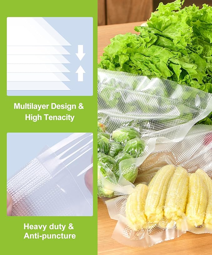[2025 Upgraded] Bonsenkitchen 3 Rolls 11" x 16' + 3 Rolls 8" x 16' Vacuum Sealer Bags for Food with a Color Box, Easy to Store, Commercial Grade, BPA Free, Great for Food Storage or Sous Vide, VB22