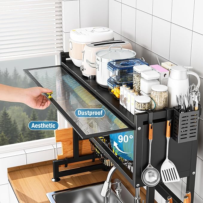 SNSLXH  2-Tier Over The Sink Dish Drying Rack, 33.66"×31.1"×11.81", Large Sink Rack for Kitchen, Saving Kitchen Space, Cover Design Holds Dishes, Bowls, and Cutlery, Kitchen Sink Shelf