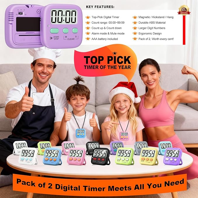 Antonki 2 Pack Digital Timer for Kids, Magnetic Countdown Kitchen Timers for Cooking, Egg, Classroom, Teacher, Exercise, Study, Oven - Battery Included