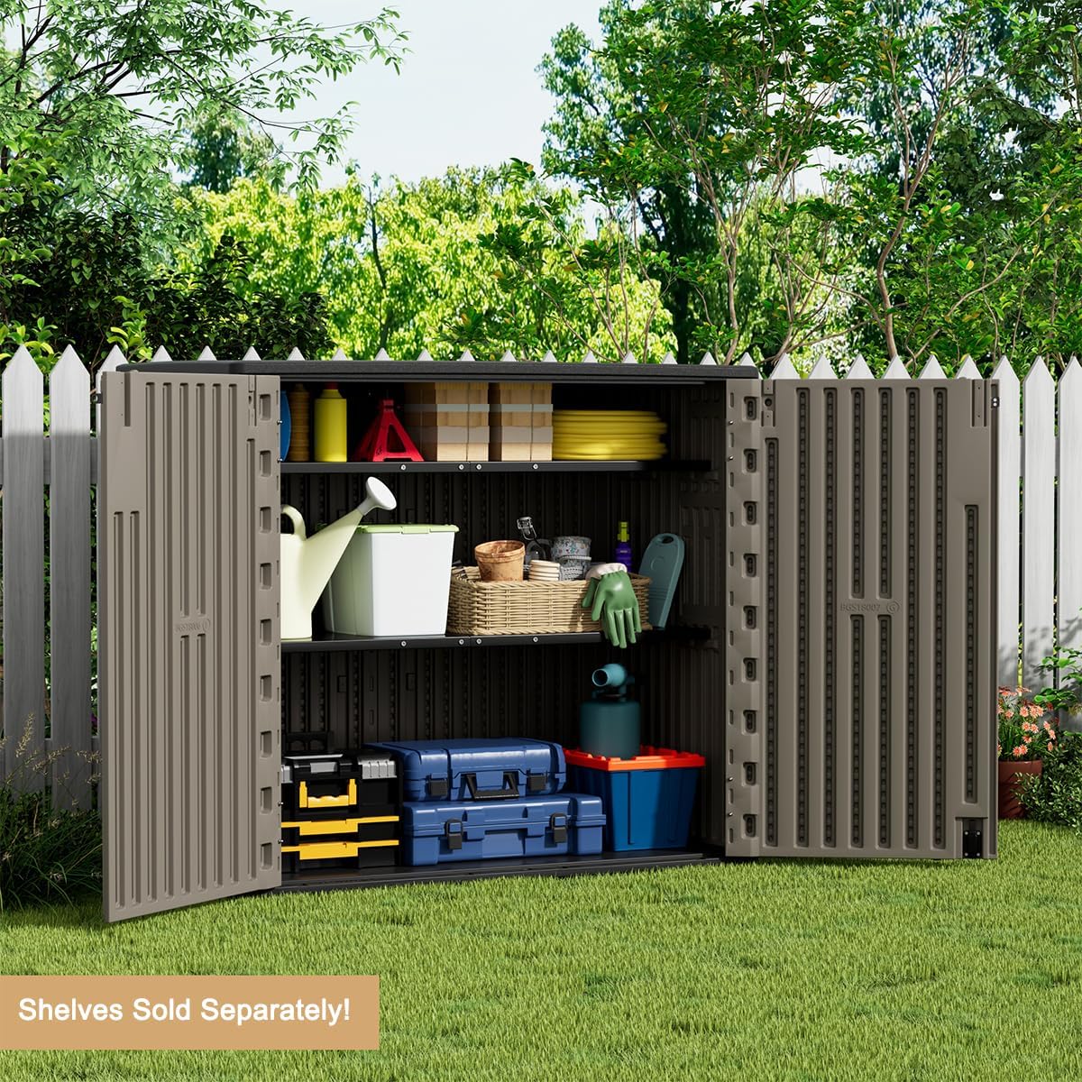 KINYING Outdoor Horizontal Storage Sheds,Outdoor Storage Cabinet Waterproof Resin Tool Storage Box for Lawn Mower,Garden Tools and Patio Furniture, Lockable (Brown)