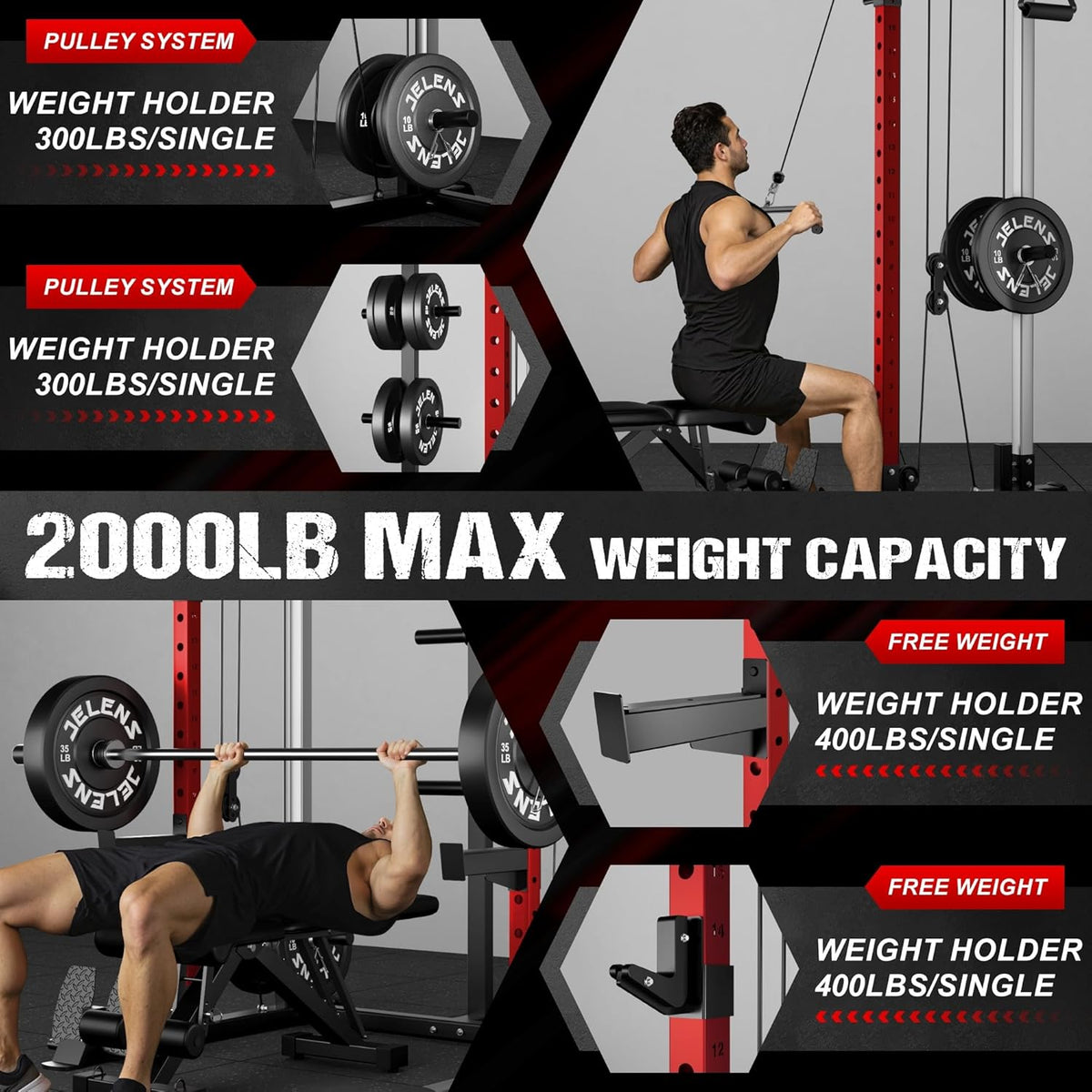 Power Cage, 2000LBS Multi-Function C21 Power Rack with Dual Pulley Cable Crossover System, All-in-One Squat Rack with More Training Attachments