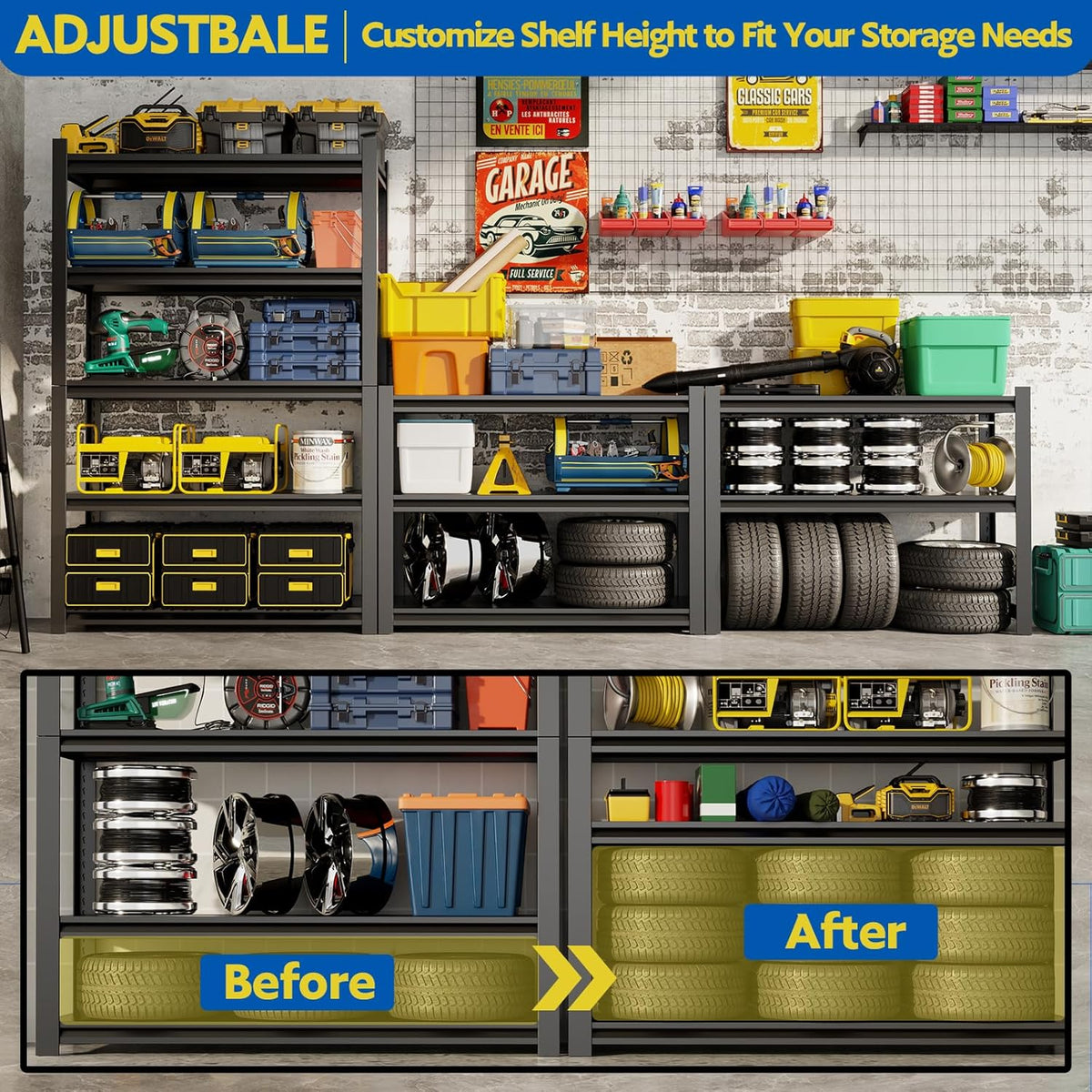 72''H Garage Shelving Heavy Duty, 2800LBS Storage Shelves, 5-Tier Adjustable Metal Shelve Storage Shelf Rack, Industrial Shelving Unit for Garage, Warehouse, Basement (59" W x 19.7" D x 72" H)