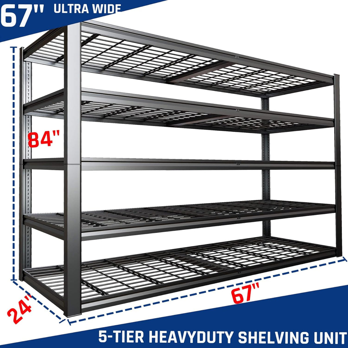 67" Wide 5-Tier Garage Shelving Unit, 67" W x 24" D x 84" H, Heavy Duty Garage Storage Shelves,3500 LBS Capacity, Industrial Adjustable Shelves for Basement, 2 Pack