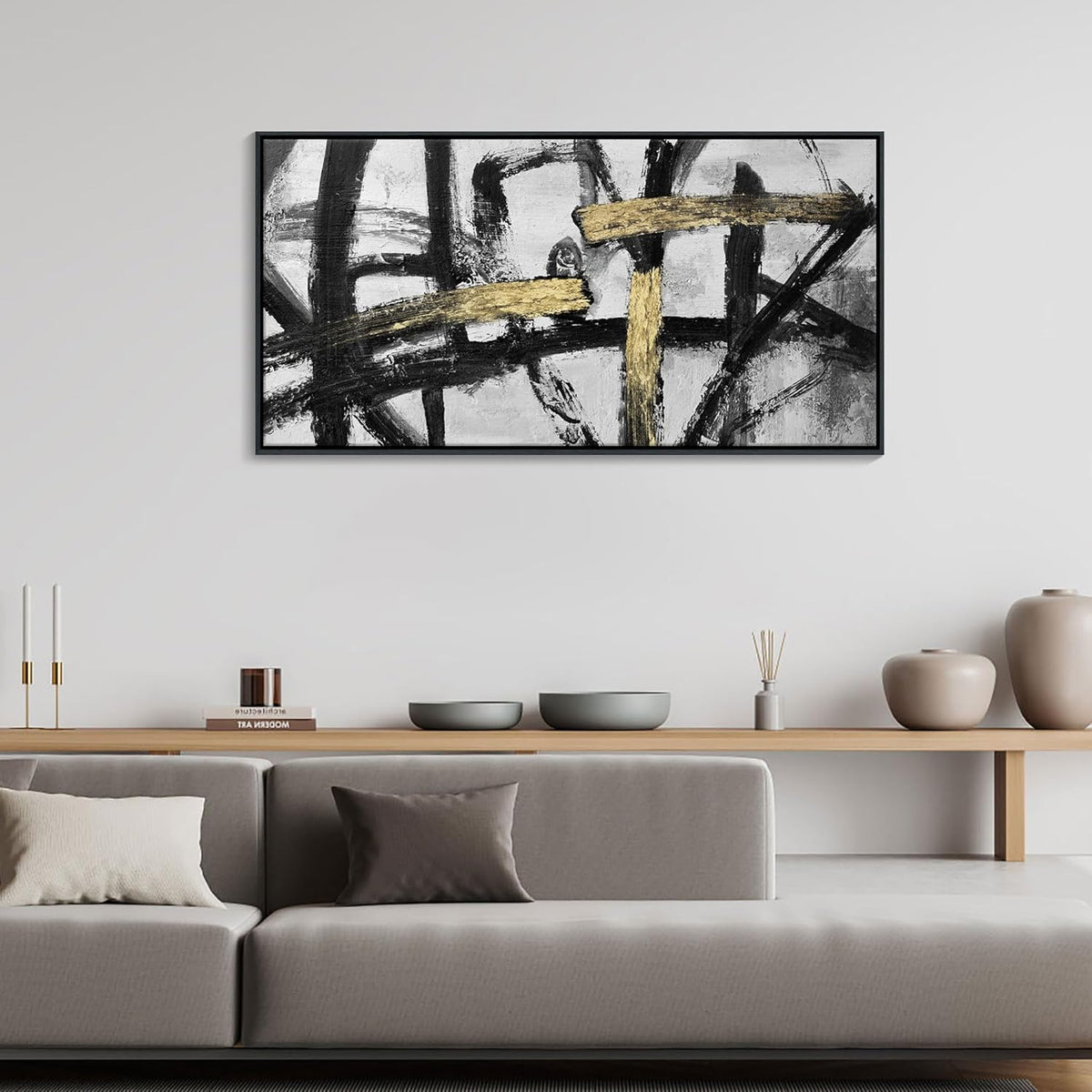 CHATYOUNG Wall Art Modern Abstract Paintings - Large Golden Thread Canvas Prints Black White and Gold Interweaving Wall Pictures Prefer for Bedroom Living Room Office Decor,Framed, 29 x 58 In