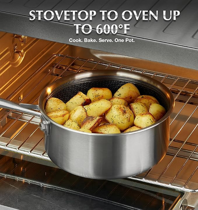 KOCH SYSTEME CS Hybrid Nonstick Stainless Steel Saucepan Set, 1QT & 2QT Triply Stainless Steel Saucepan Set with Hybrid Nonstick Honeycomb Interior, 4-Piece Sauce Pans, Induction Steel Pot Set