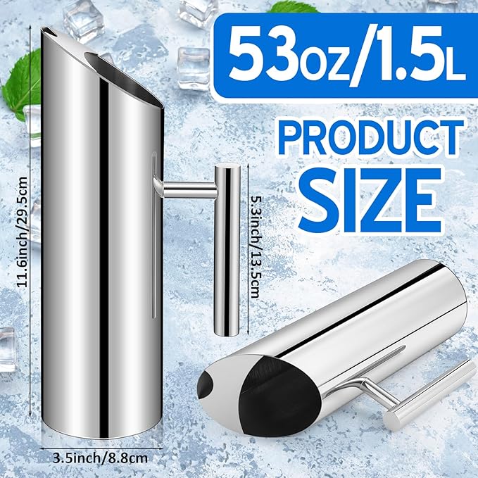 Funnymoom 6 Pack 53oz/1.5l Stainless Steel Water Pitcher Modern Metal Pitcher with Ice Guard Silver Carafe Drink with Handle or Iced Hot Drink Tea Juice Coffee Beer
