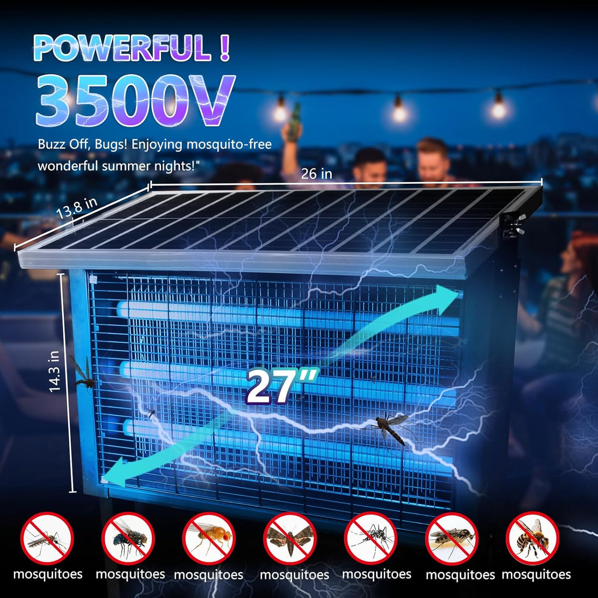 Powerful Super Large Solar Bug Zapper Outdoor for 8000 sq.ft, Poartable Rechargeable Mosquito Zapper with High Powered, Cordless Solar Fly Zapper for Patio Garden Backyard RV Camping Pond Pest Control