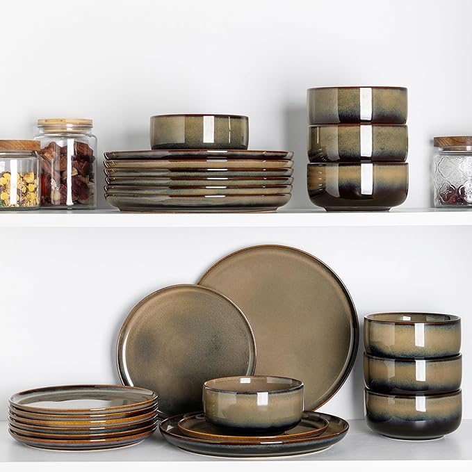 TheTerra Ceramic Dinnerware Sets for 6, 18 Pieces Handmade Reactive Glaze Plates and Bowls Set, Scratch Resistant Dish Set, Oven & Microwave & Dishwasher Safe, Coca Mocha