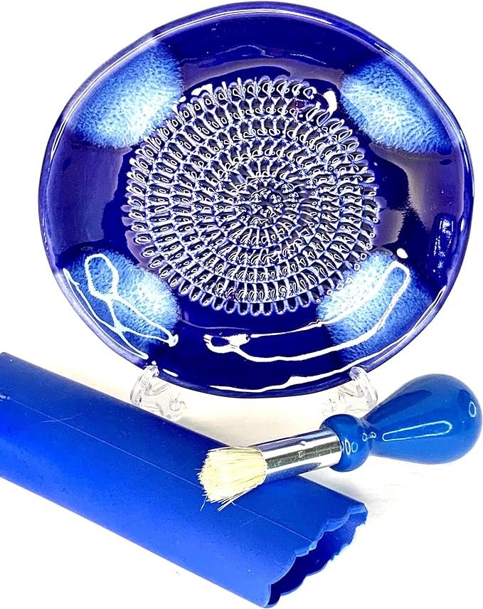 BonCera, All-in-one Premium Ceramic Garlic Grater Plate 4-Piece Set - Blue Cross Glazed Design and Style - For Garlic, Ginger, Chocolate, and more! - Comes with 5.25" Plate, Peeler, Brush, and Stand