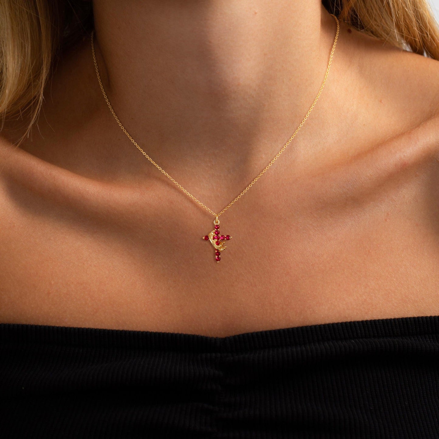 Robaice Birthstone Crown Cross Necklace for Women, Gold-Plated Christian Faith Necklace, Cross Jewelry Gift for Women, January Red Garnet Gift