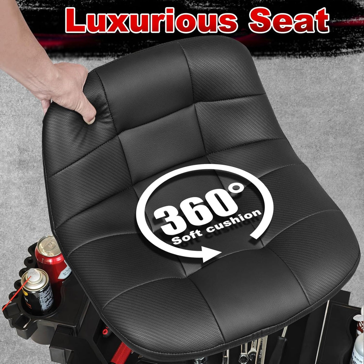 Rolling Stool with Wheels, Adjustable Height Pneumatic Garage Work Mechanic Stool Seat with Backrest, 400 LBS Capacity 360° Swivel Mechanic Crepper Chair with Tool Tray Storage, Black