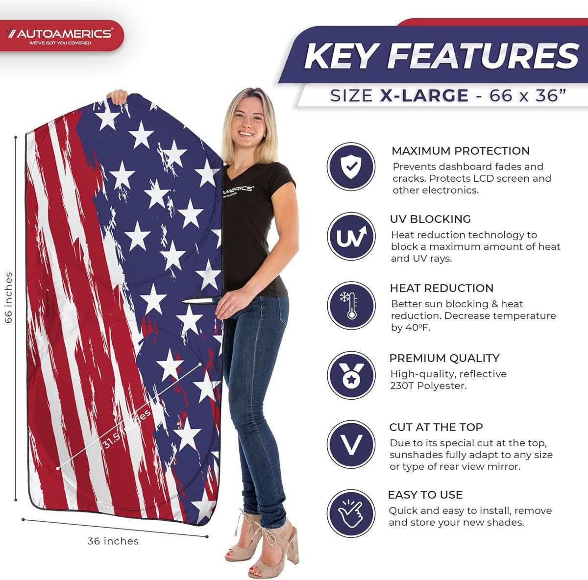 Autoamerics Truck Windshield Sun Shade with Storage Pouch & Anti-Slip Dash Pad - Foldable USA Art Flag-2 Design - Fits Most SUVs & Trucks - Blocks UV Rays and Keeps Car Cool | X-Large (66 x 36 inches)
