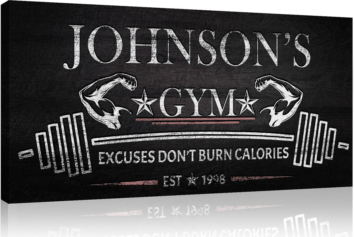 Tailored Canvases Personalized Gym Sign Wall Art Decor - Motivational Canvas for Home Gym, Workout Room, Garage, Fitness Center - Workout Inspirational Posters - Excuses Don't Burn Calories Dark, 20x10in