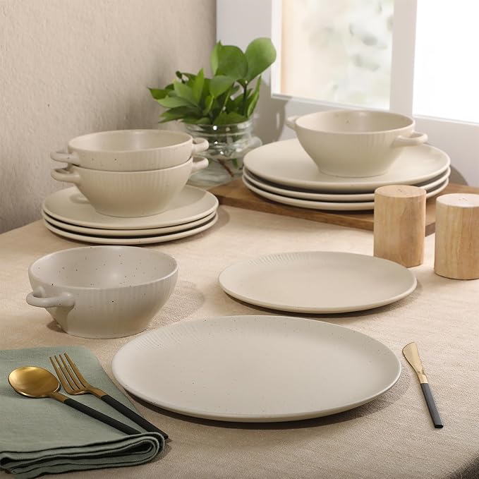 Gibson Elite Clover Hill 12-Piece Stoneware Dinnerware Set – White Cream Embossed Plates and Bowls with Matte Speckled Reactive Glaze, Service for 4 – Microwave & Dishwasher Safe